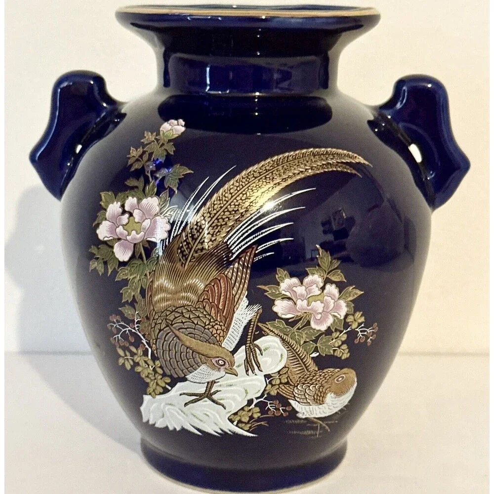 Vintage Japanese Pheasant Cobalt‎ Blue Vase Floral 6.75” Decor Collectible ￼